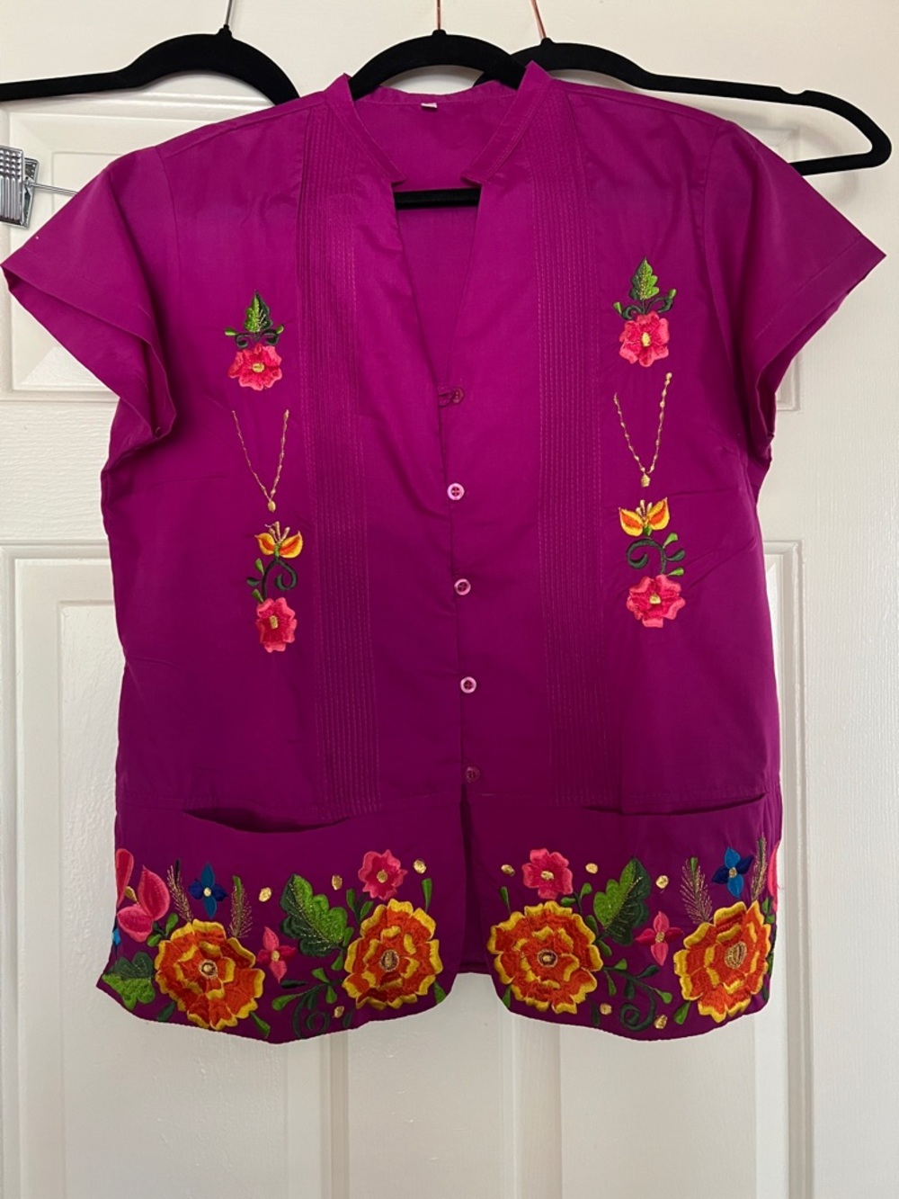 Made in Mexico Embroidered Magenta Women's Button-Front Top